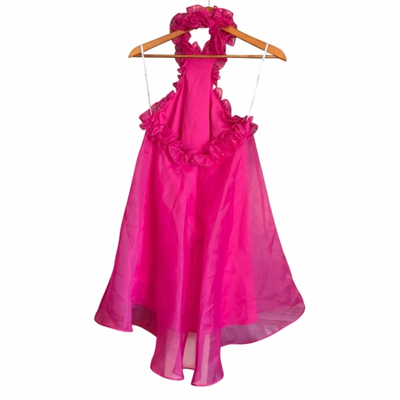 Lulus Hot Pink Organza Ruffled Halter Mini Dress Size S Barbiecore - Picture 3 of 7